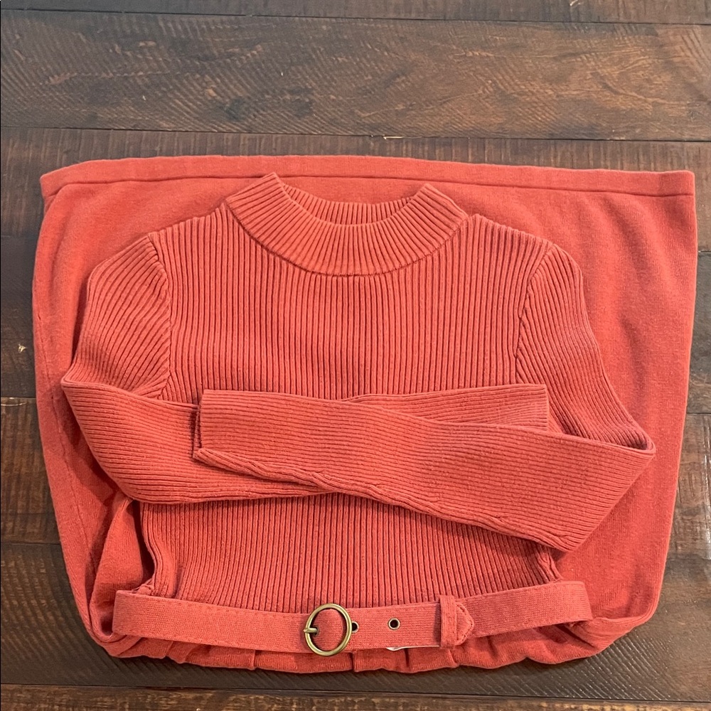 Free People Red Ribbed Long Sleeve Dress
